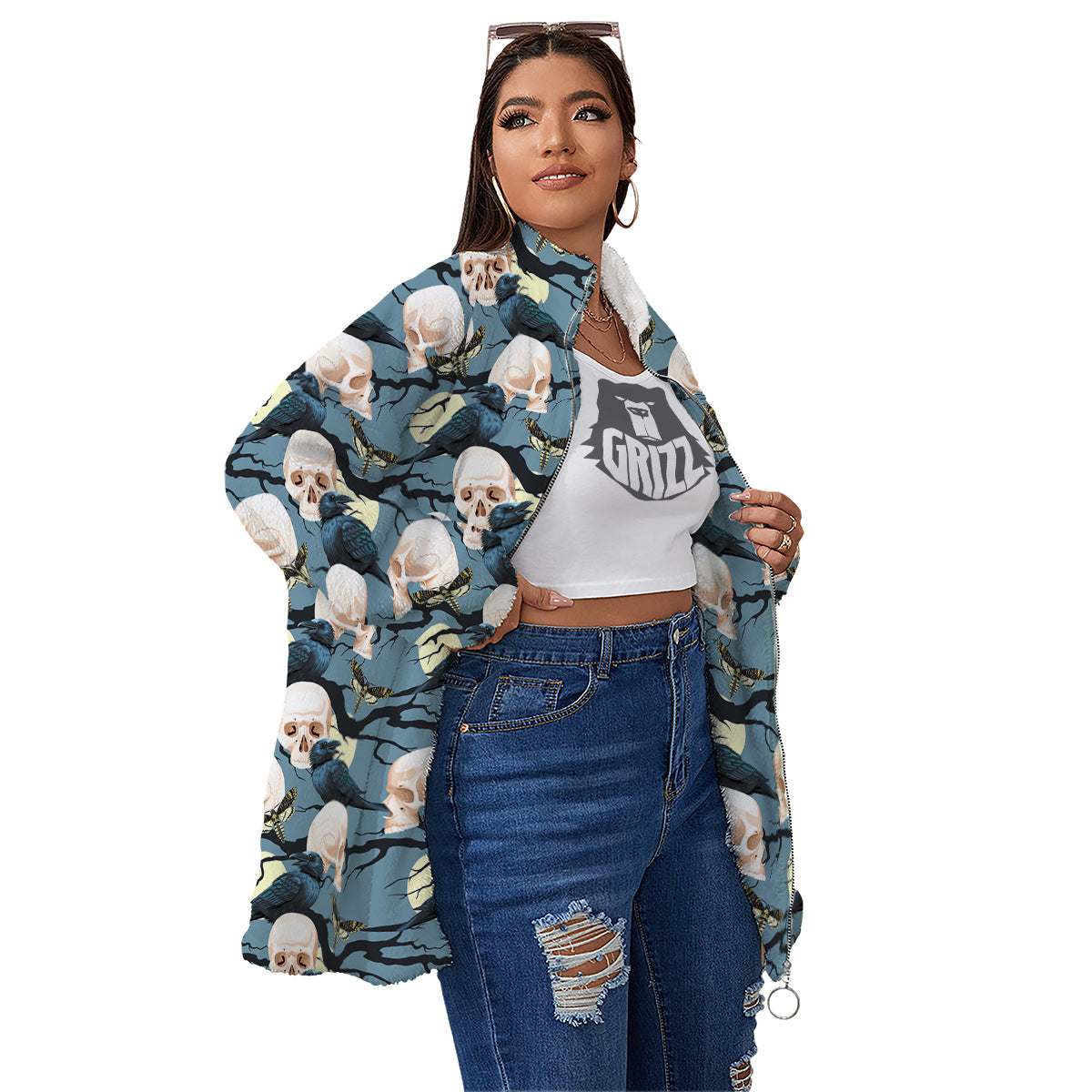Raven Skull Print Pattern Women's Sherpa Jacket-grizzshop