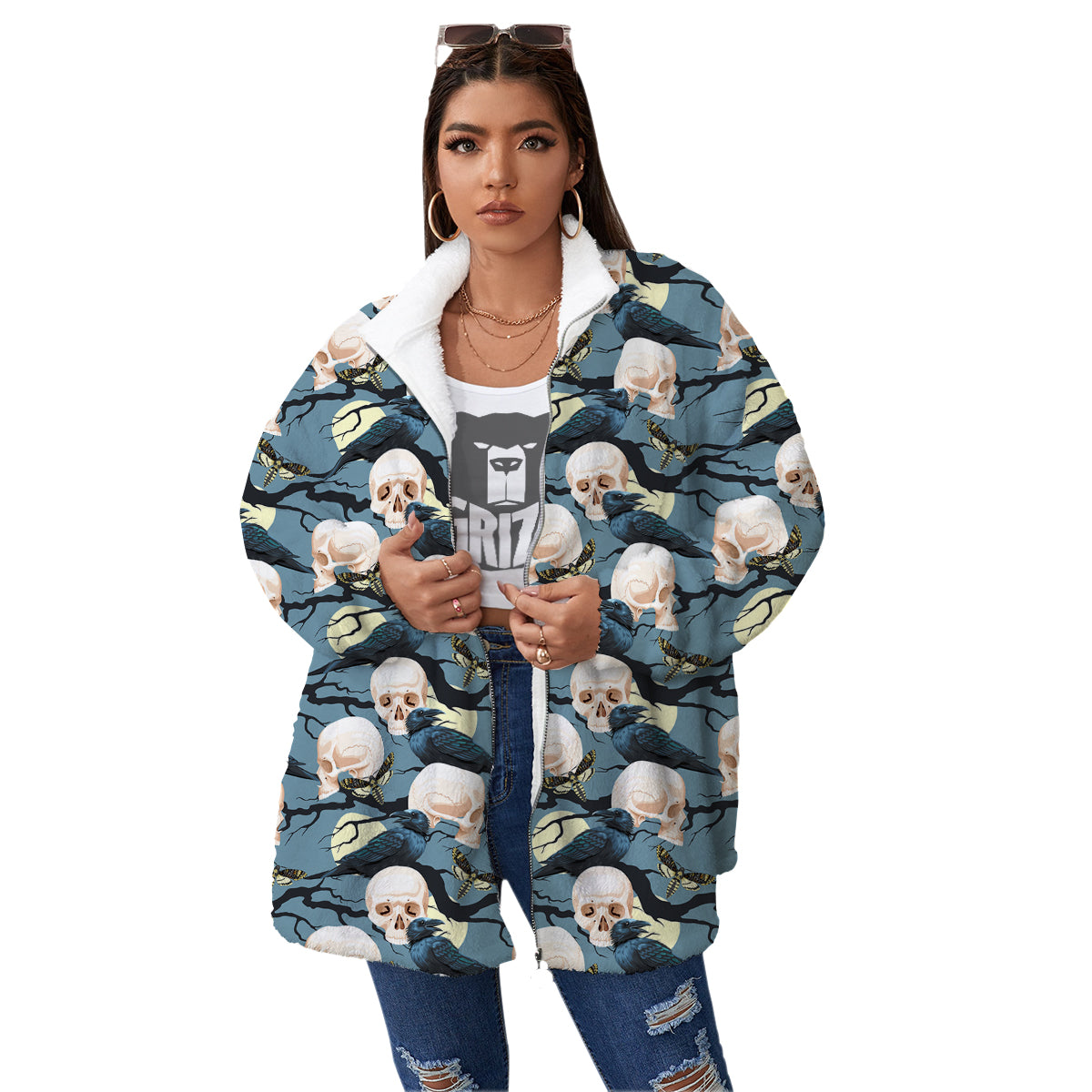 Raven Skull Print Pattern Women's Sherpa Jacket-grizzshop