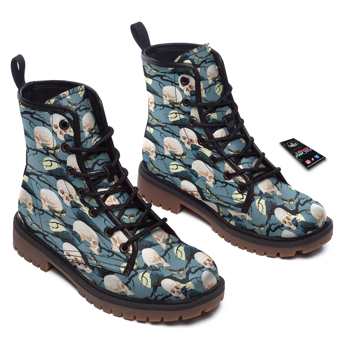 Raven Skull Print Pattern Work Boots-grizzshop