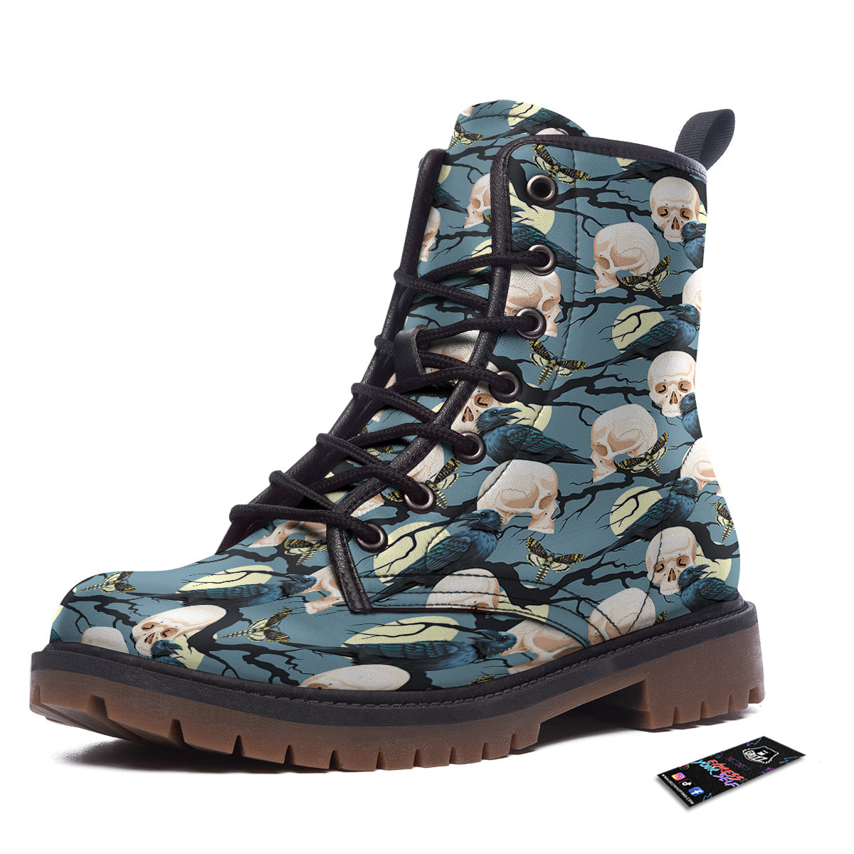 Raven Skull Print Pattern Work Boots-grizzshop