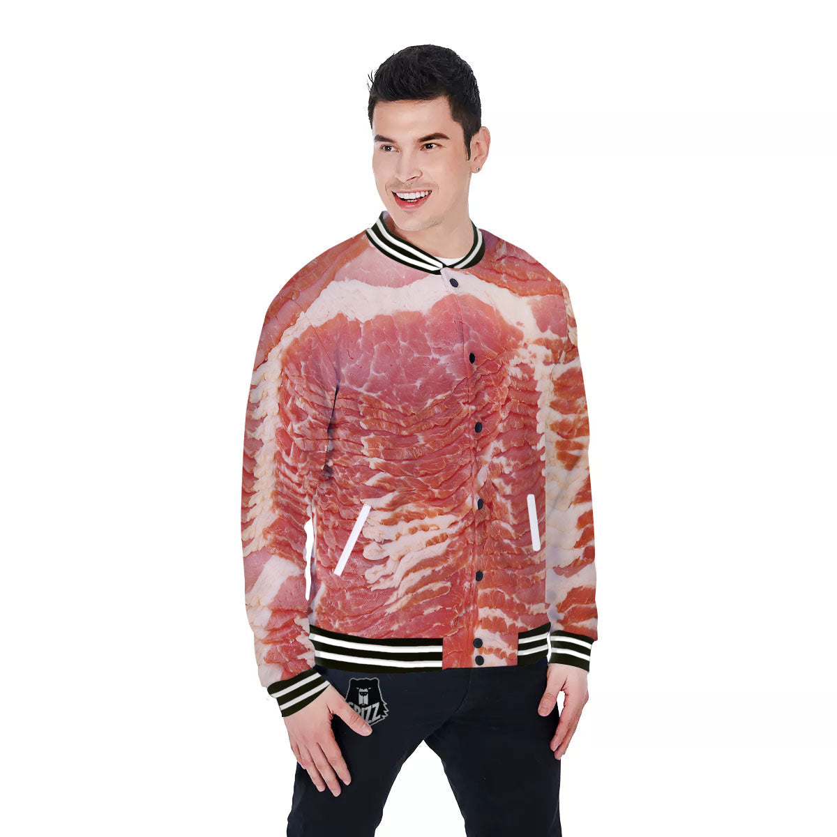 Raw Bacon Print Baseball Jacket-grizzshop