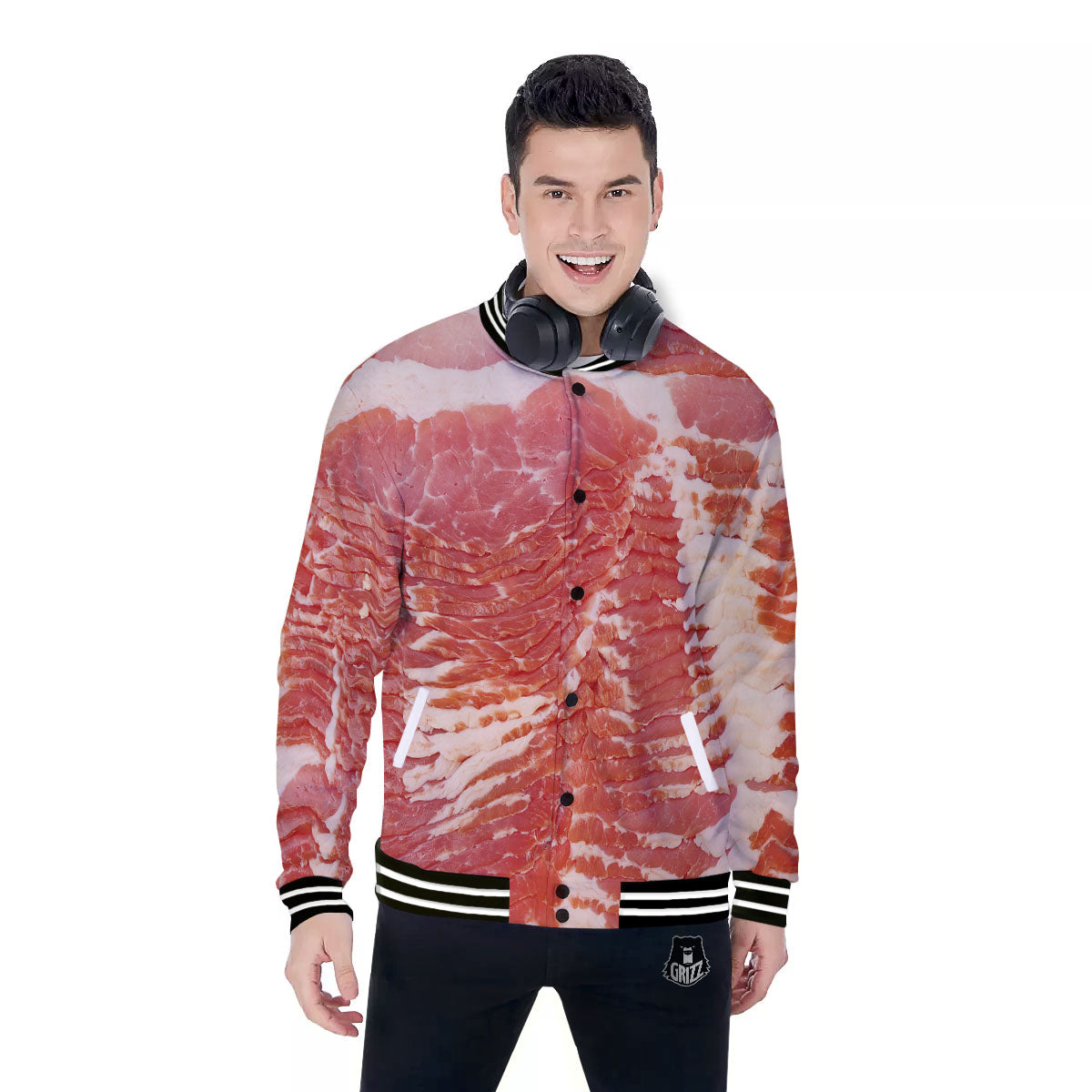 Raw Bacon Print Baseball Jacket-grizzshop