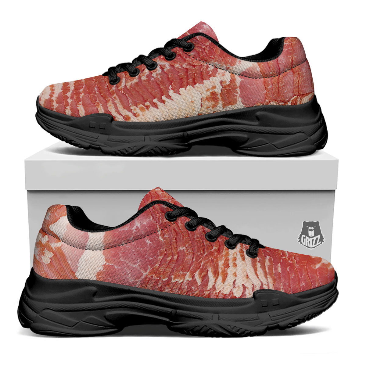 Raw Bacon Print Black Chunky Shoes-grizzshop