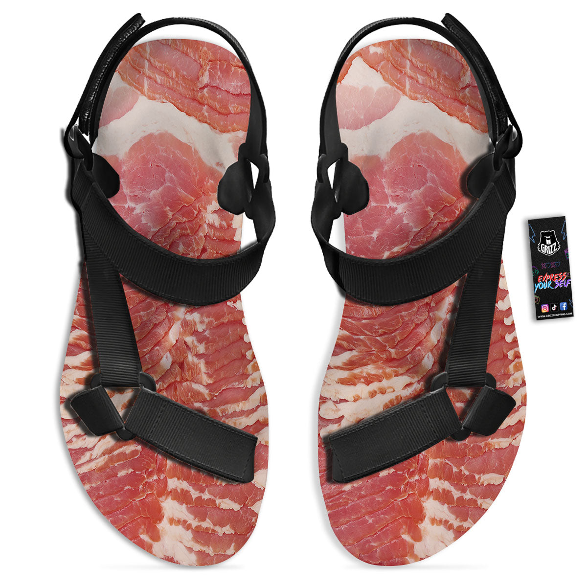 Raw Bacon Print Black Open Toe Sandals-grizzshop