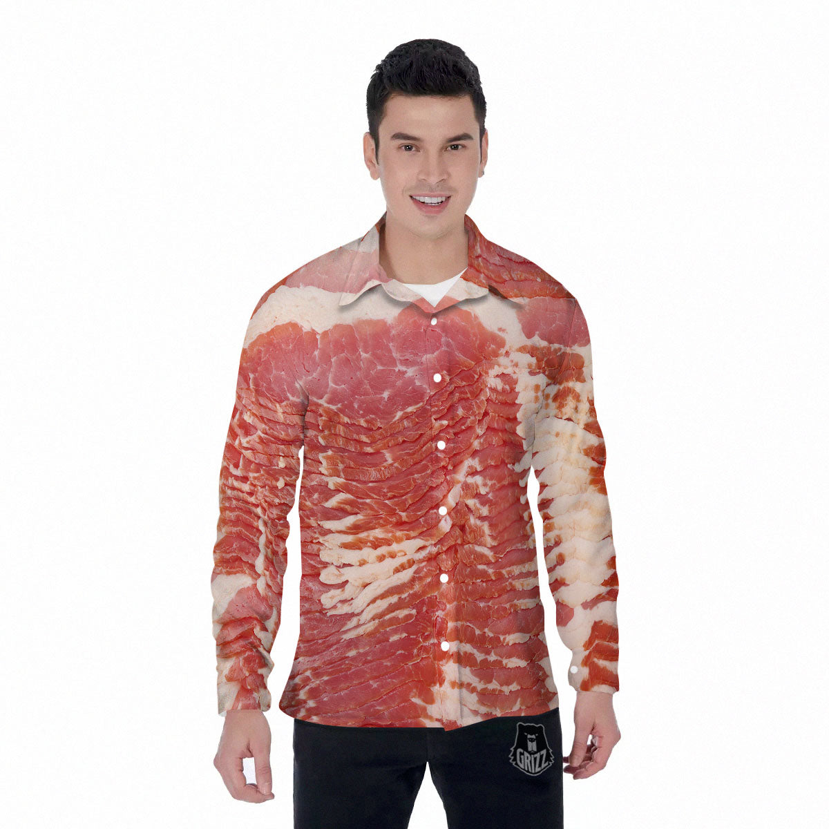 Raw Bacon Print Men's Long Sleeve Shirts-grizzshop