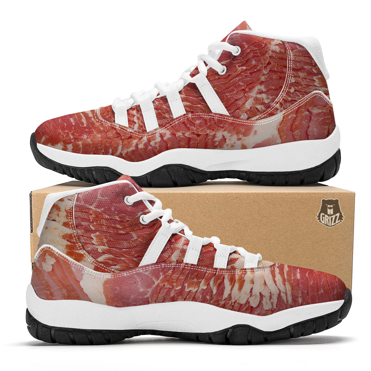 Raw Bacon Print White Bball Shoes-grizzshop