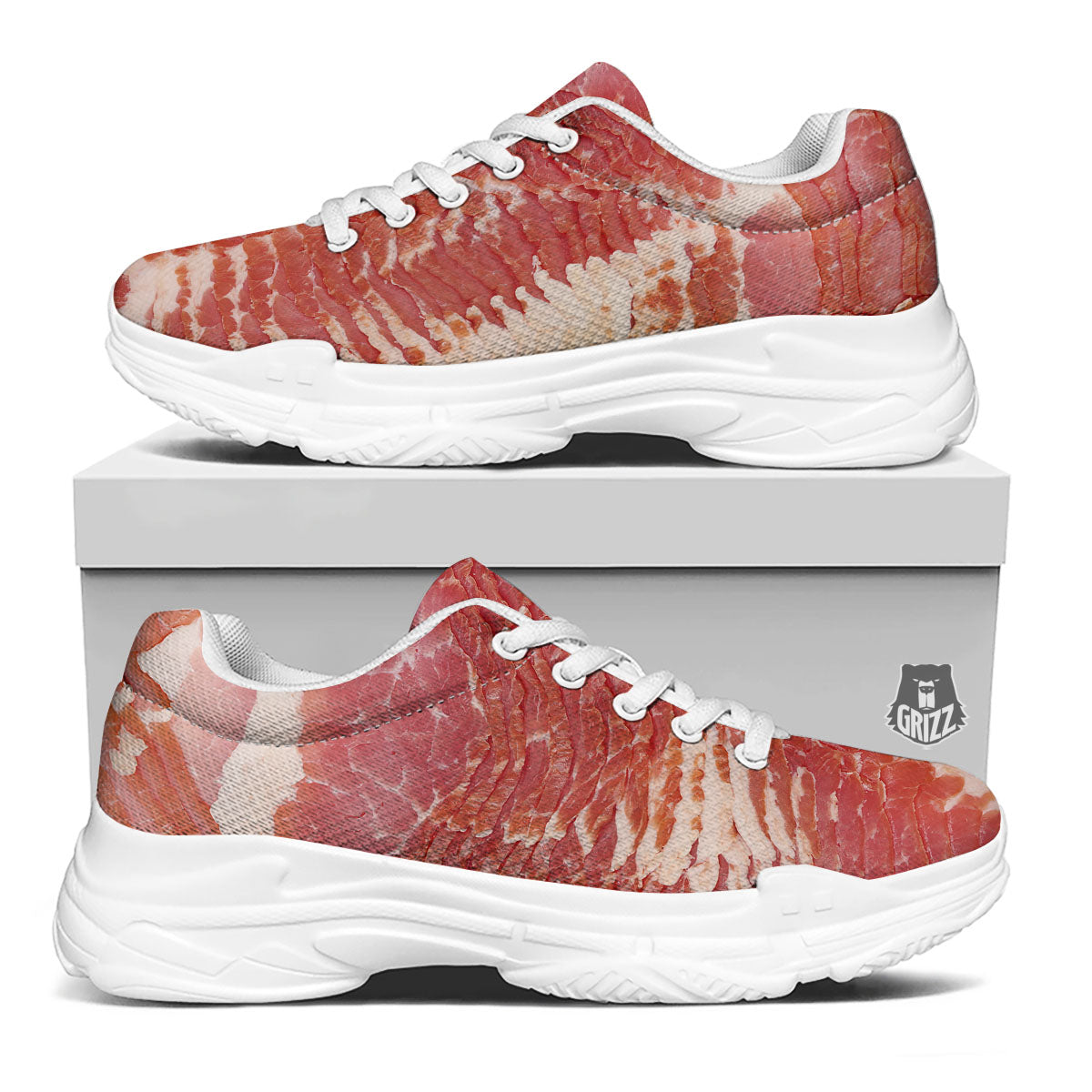 Raw Bacon Print White Chunky Shoes-grizzshop