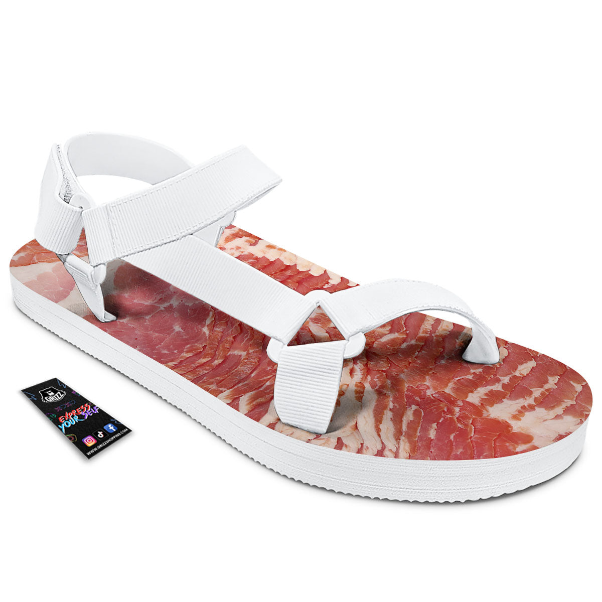Raw Bacon Print White Open Toe Sandals-grizzshop