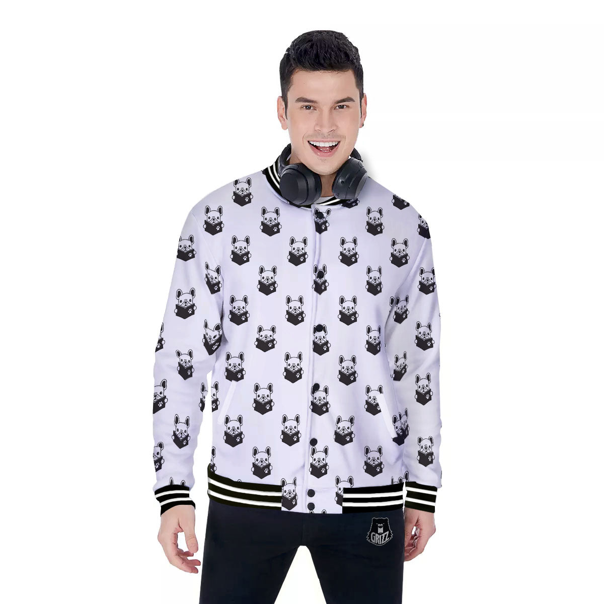 Reading Book French Bulldog Print Baseball Jacket-grizzshop
