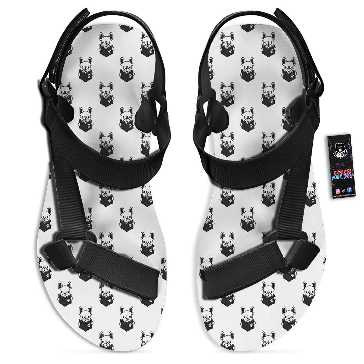 Reading Book French Bulldog Print Black Open Toe Sandals-grizzshop