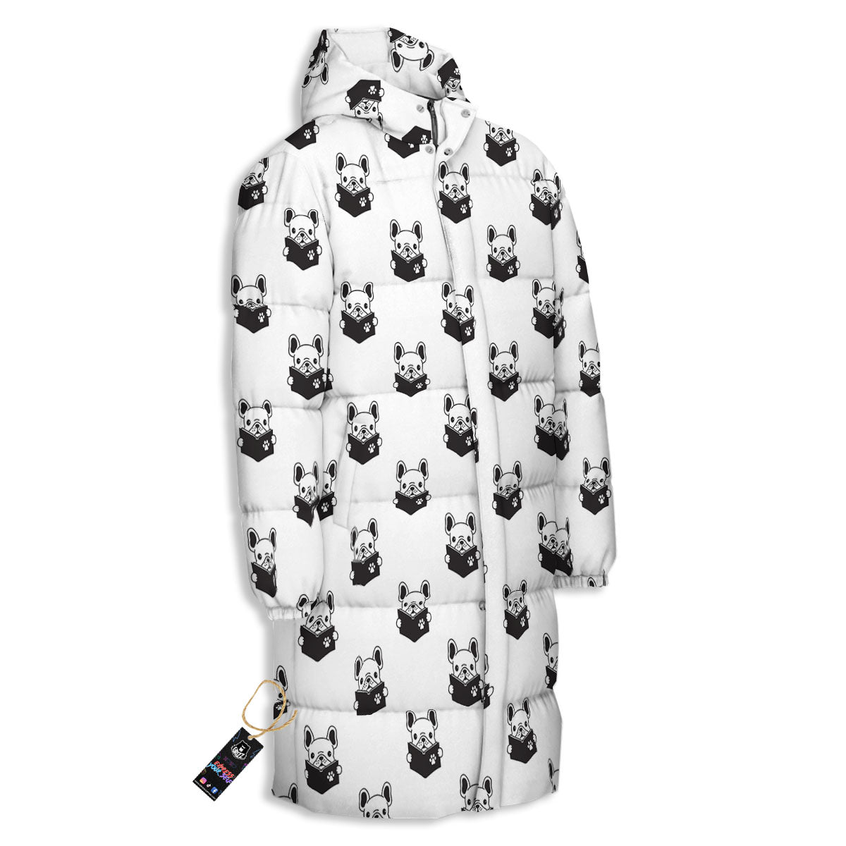 Reading Book French Bulldog Print Long Down Jacket-grizzshop