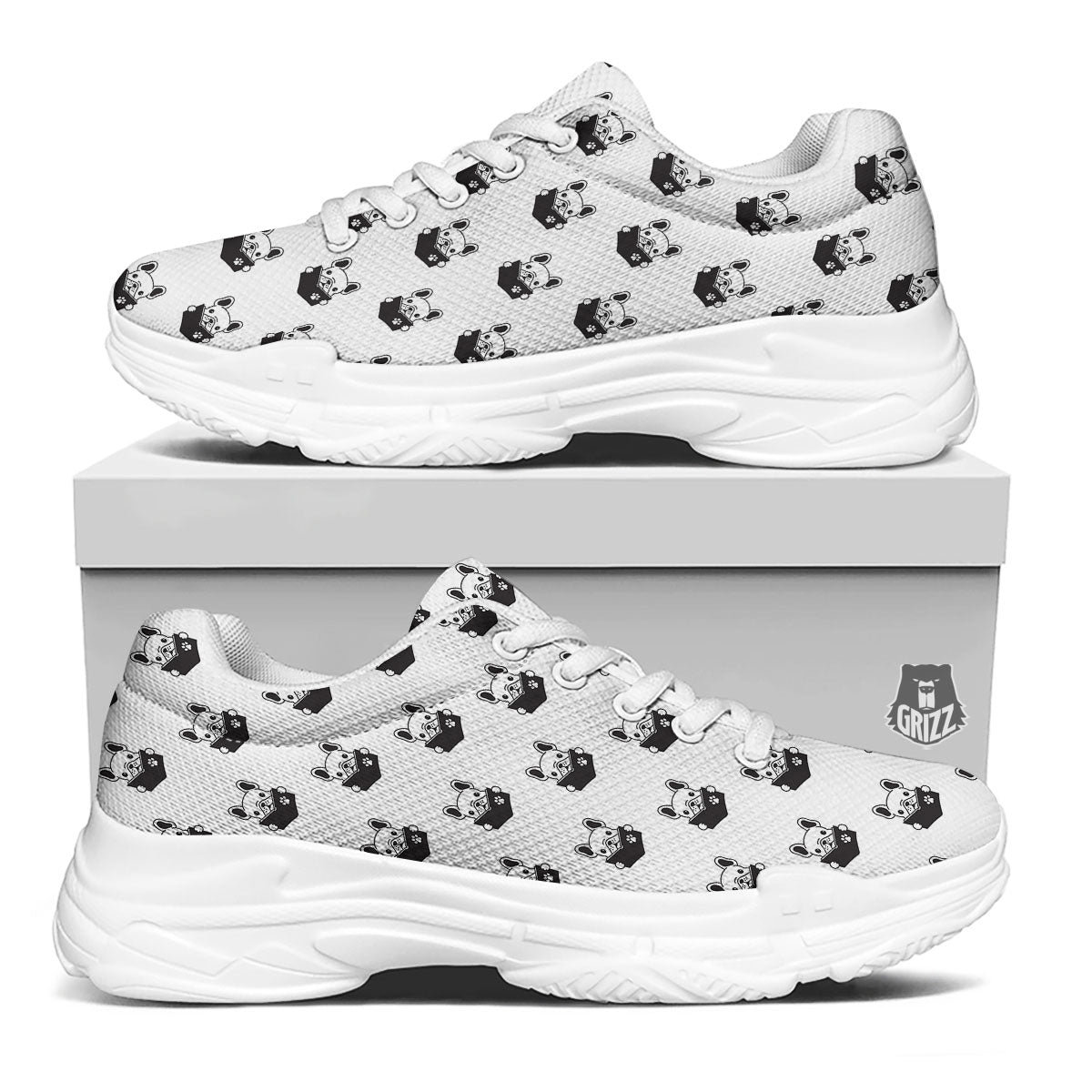 Reading Book French Bulldog Print White Chunky Shoes-grizzshop