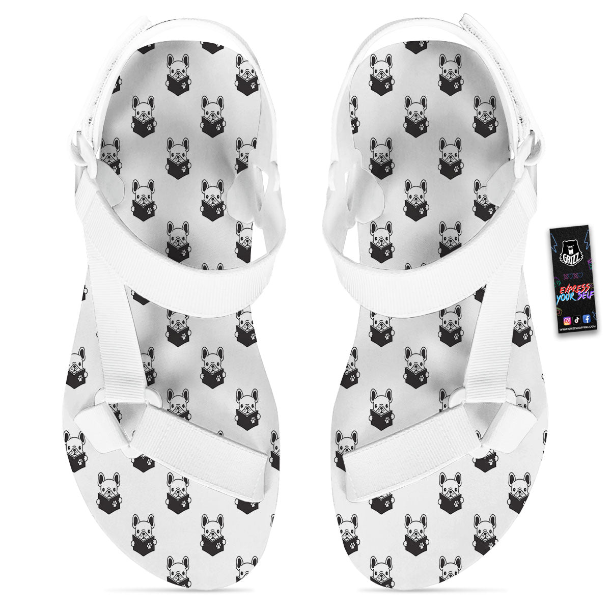 Reading Book French Bulldog Print White Open Toe Sandals-grizzshop