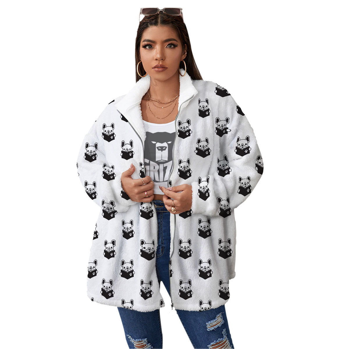Reading Book French Bulldog Print Women's Sherpa Jacket-grizzshop