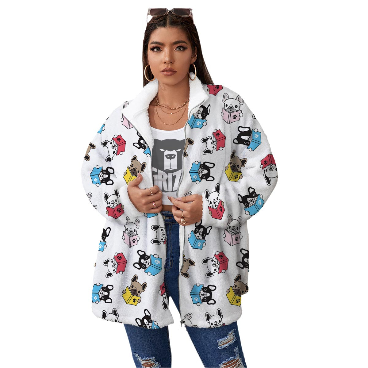 Reading Book Polar Bear Print Pattern Women's Sherpa Jacket-grizzshop