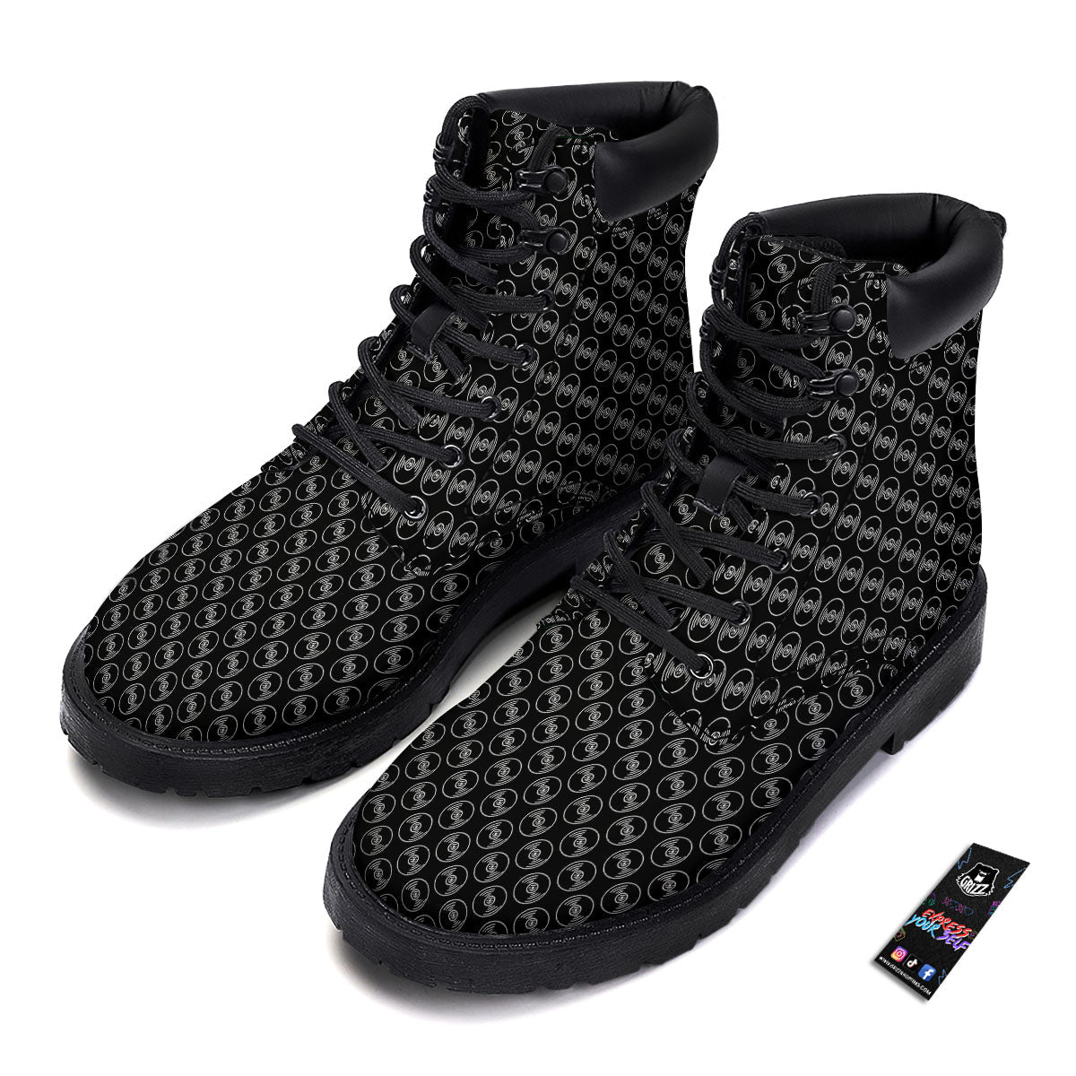 Record Black Vinyl Print Pattern Boots-grizzshop