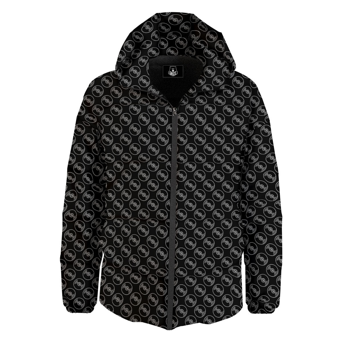 Record Black Vinyl Print Pattern Down Jacket-grizzshop