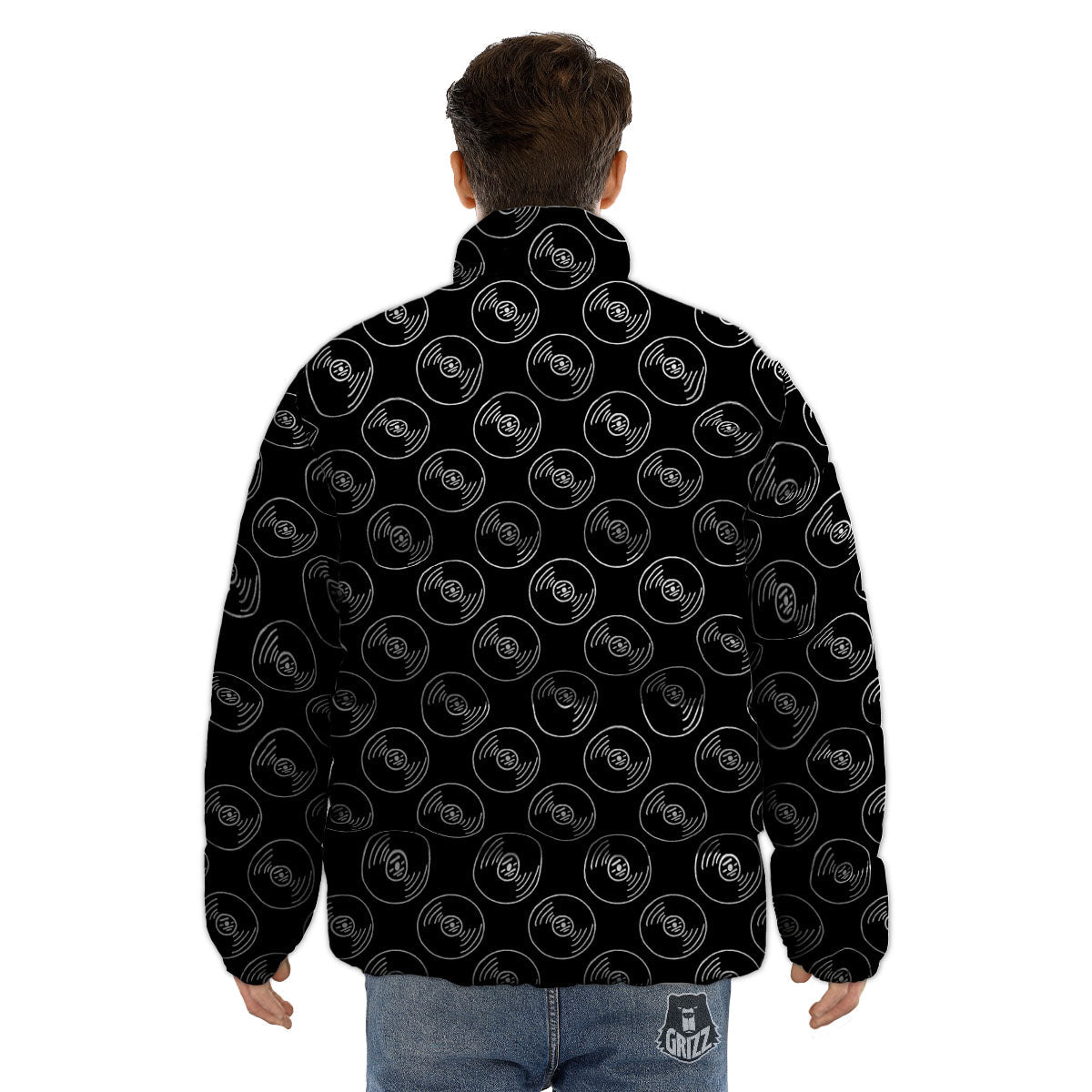 Record Black Vinyl Print Pattern Puffer Jacket-grizzshop