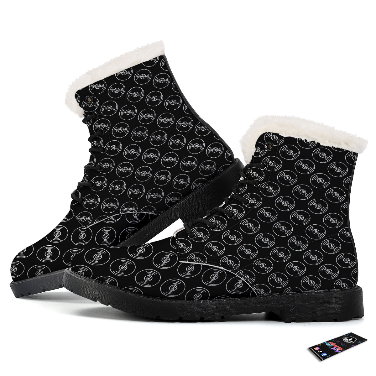 Record Black Vinyl Print Pattern Winter Boots-grizzshop