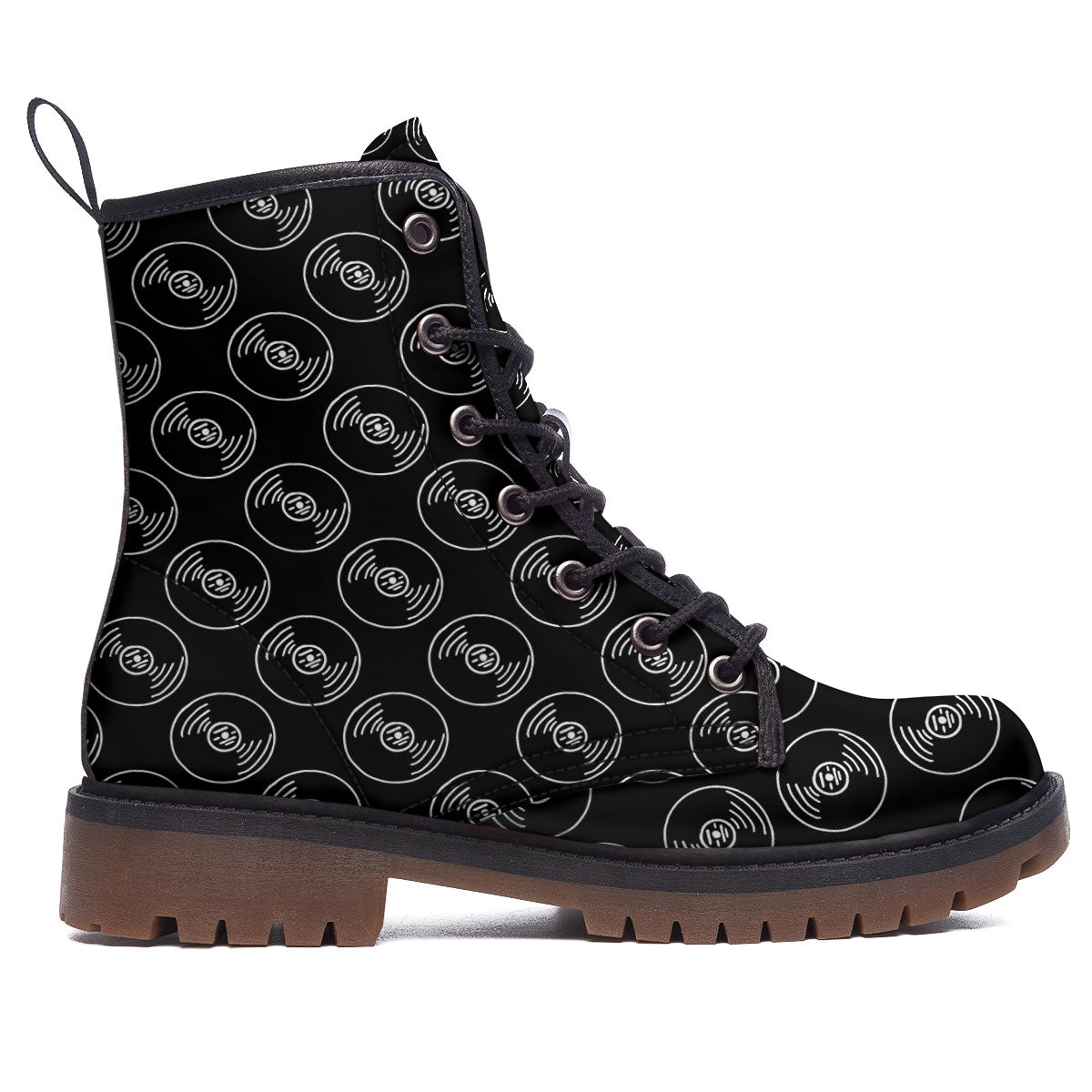 Record Black Vinyl Print Pattern Work Boots-grizzshop