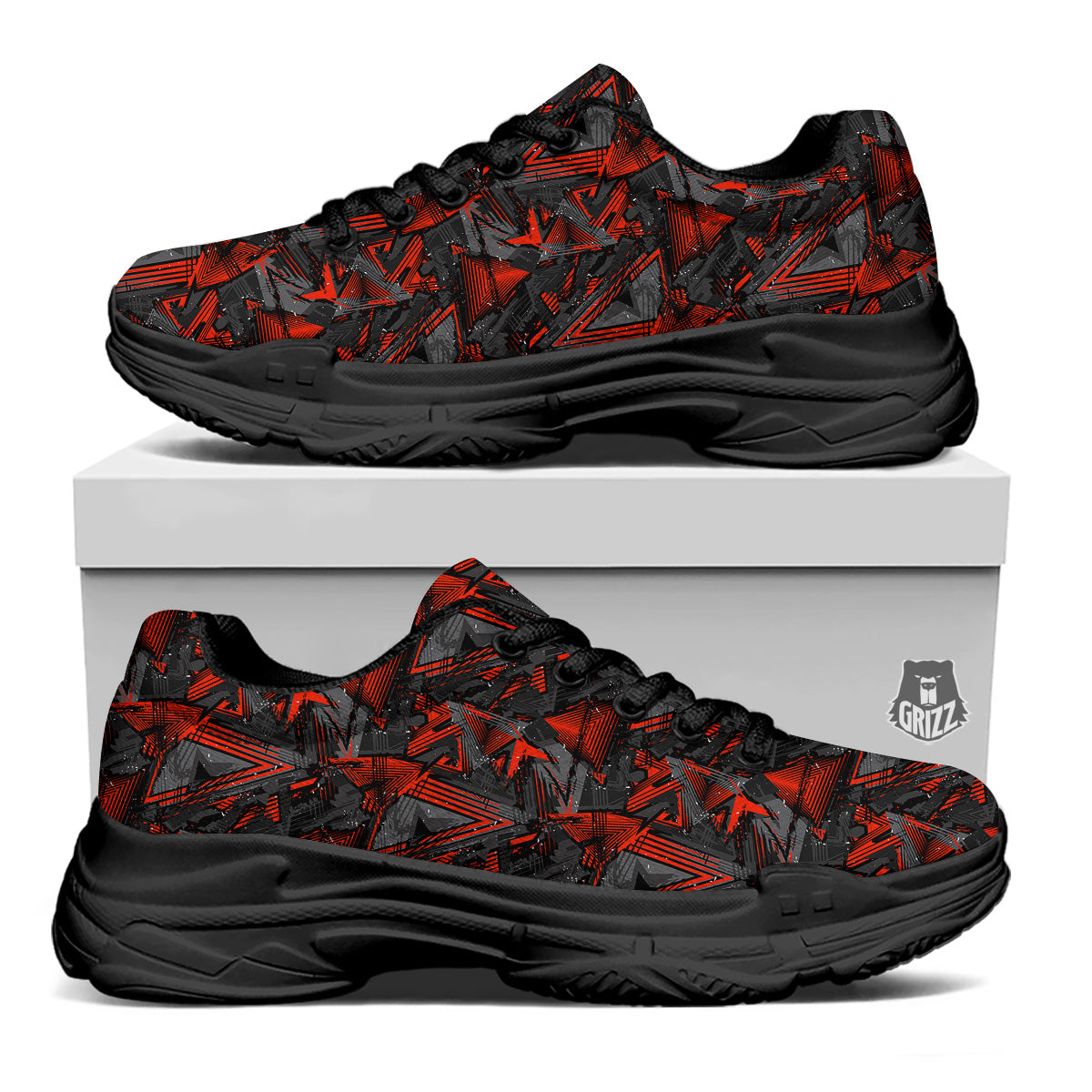 Red Abstract Grunge Print Pattern Black Chunky Shoes-grizzshop