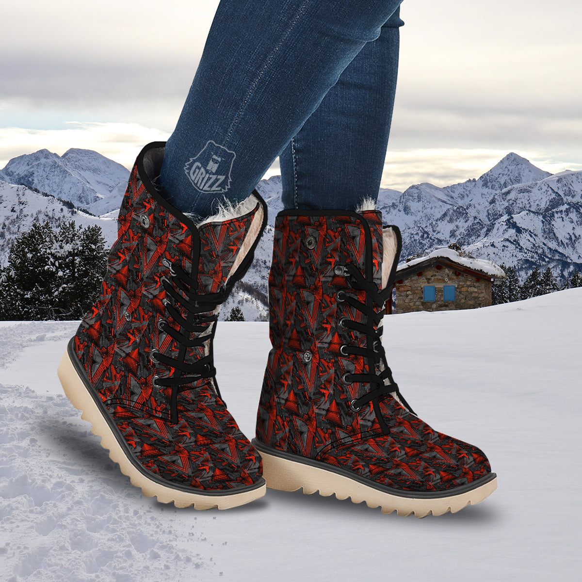 Red Abstract Grunge Print Pattern Snow Boots-grizzshop