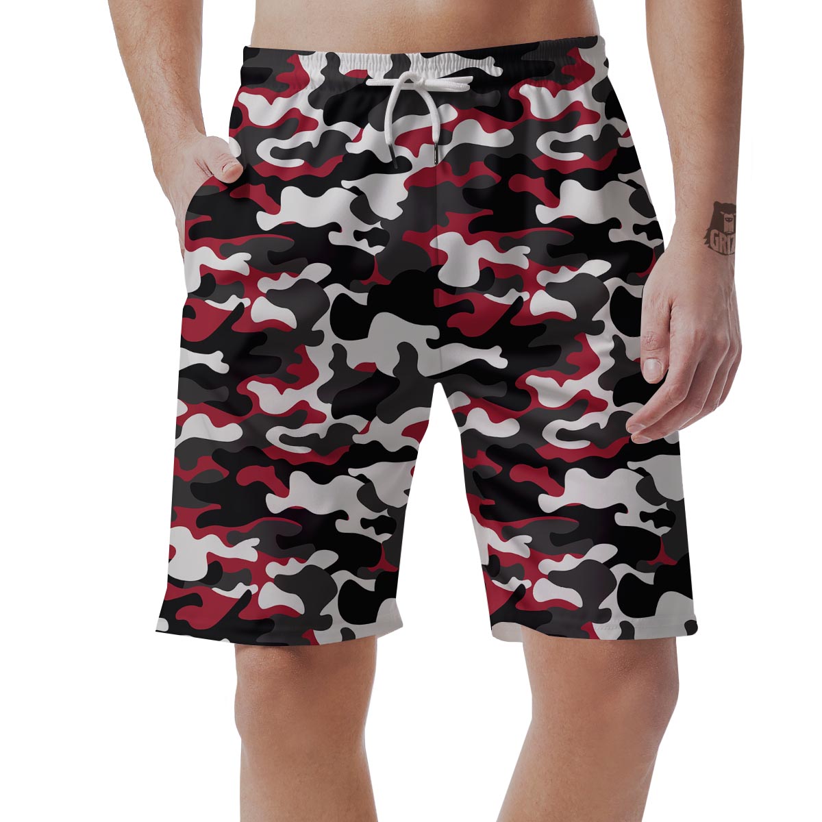 Red And Black Camouflage Print Men's Shorts-grizzshop