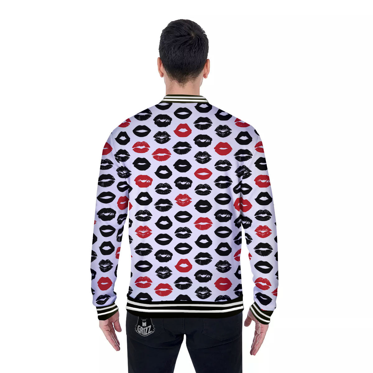 Red And Black Lips Print Pattern Baseball Jacket-grizzshop