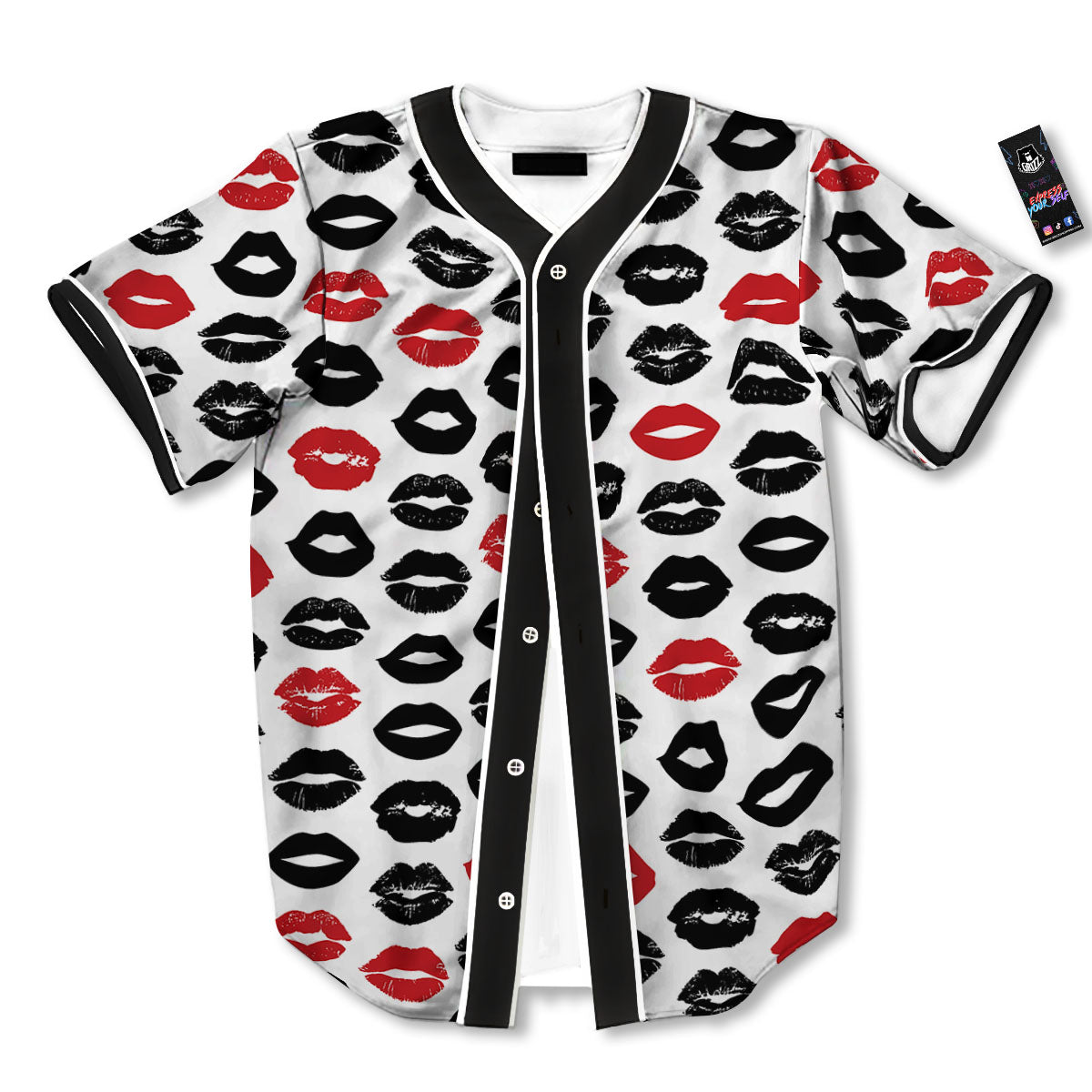 Red And Black Lips Print Pattern Baseball Jersey-grizzshop