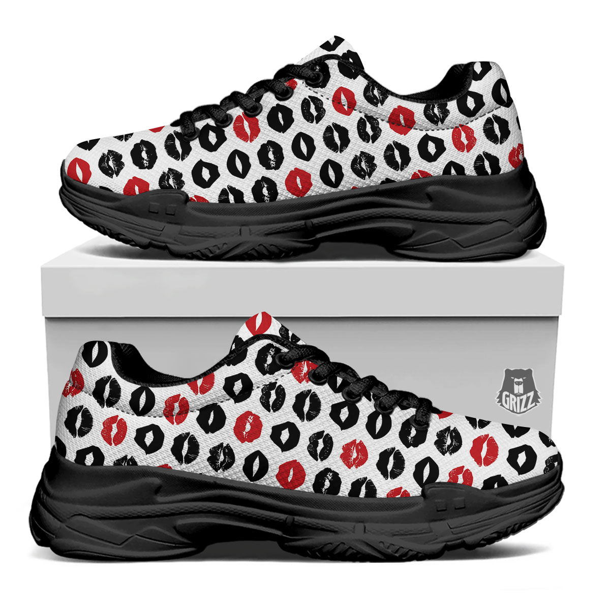 Red And Black Lips Print Pattern Black Chunky Shoes-grizzshop