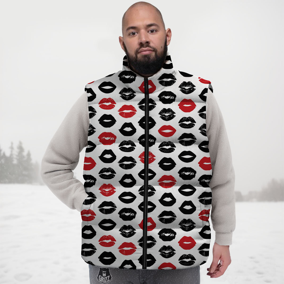 Red And Black Lips Print Pattern Down Vest-grizzshop