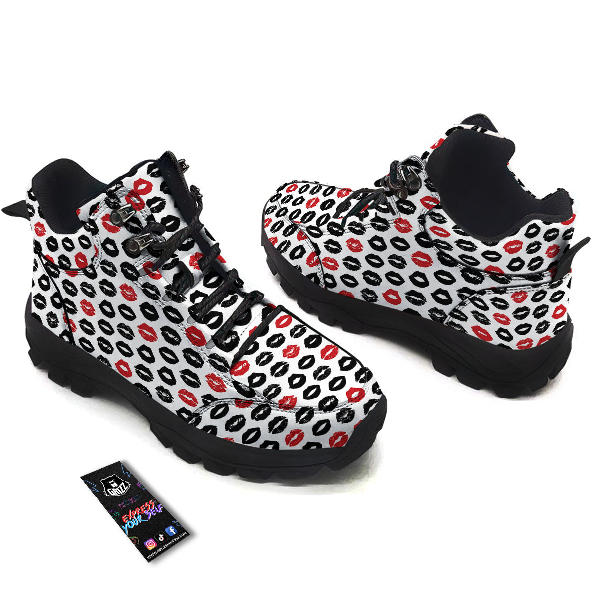 Red And Black Lips Print Pattern Hiking Shoes-grizzshop