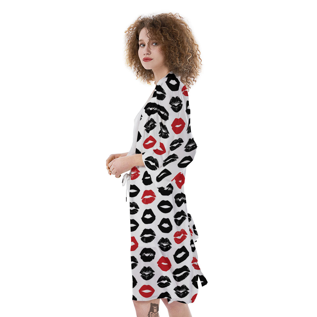 Red And Black Lips Print Pattern Kimono-grizzshop