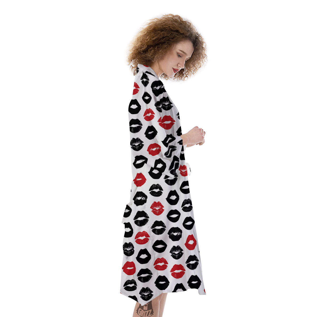 Red And Black Lips Print Pattern Kimono-grizzshop