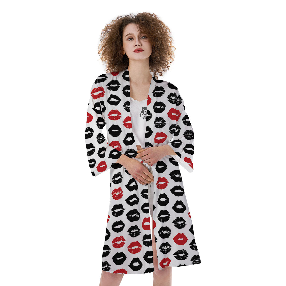 Red And Black Lips Print Pattern Kimono-grizzshop