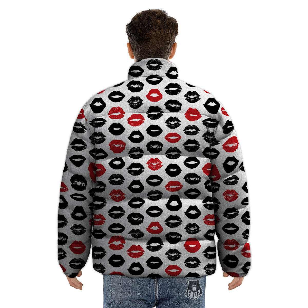 Red And Black Lips Print Pattern Puffer Jacket-grizzshop