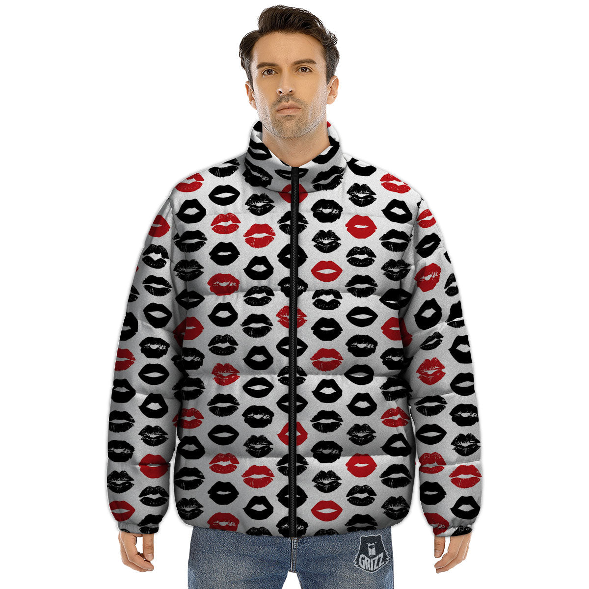 Red And Black Lips Print Pattern Puffer Jacket-grizzshop