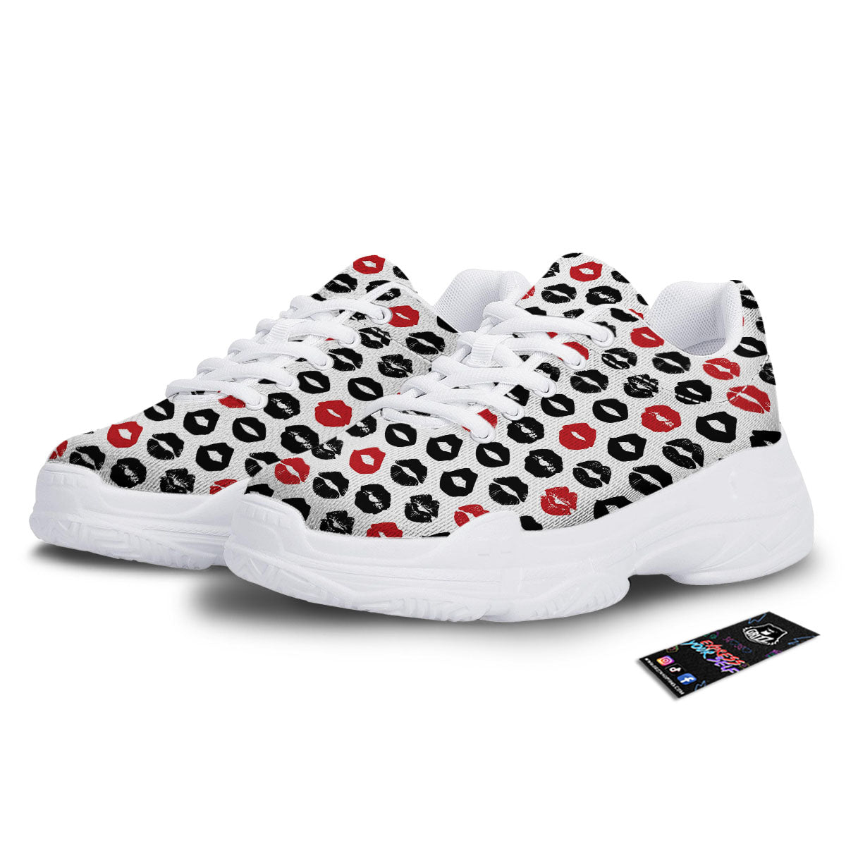 Red And Black Lips Print Pattern White Chunky Shoes-grizzshop