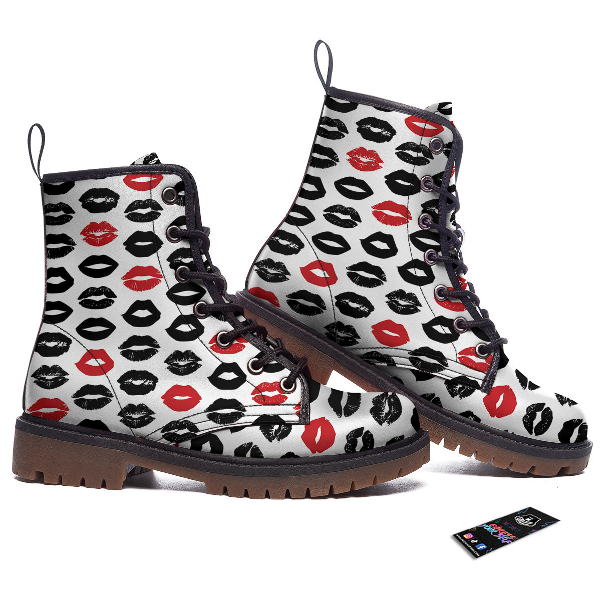 Red And Black Lips Print Pattern Work Boots-grizzshop