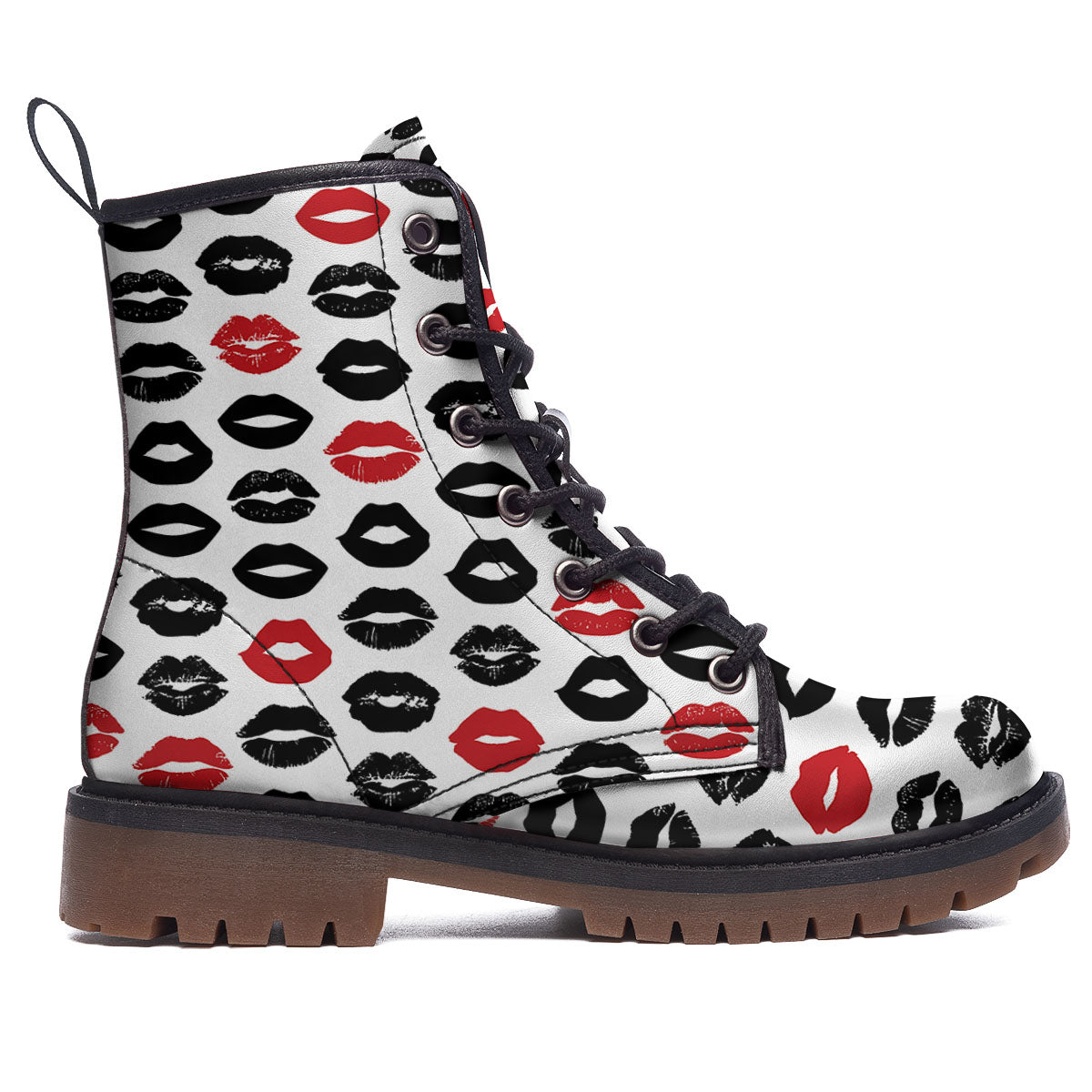 Red And Black Lips Print Pattern Work Boots-grizzshop