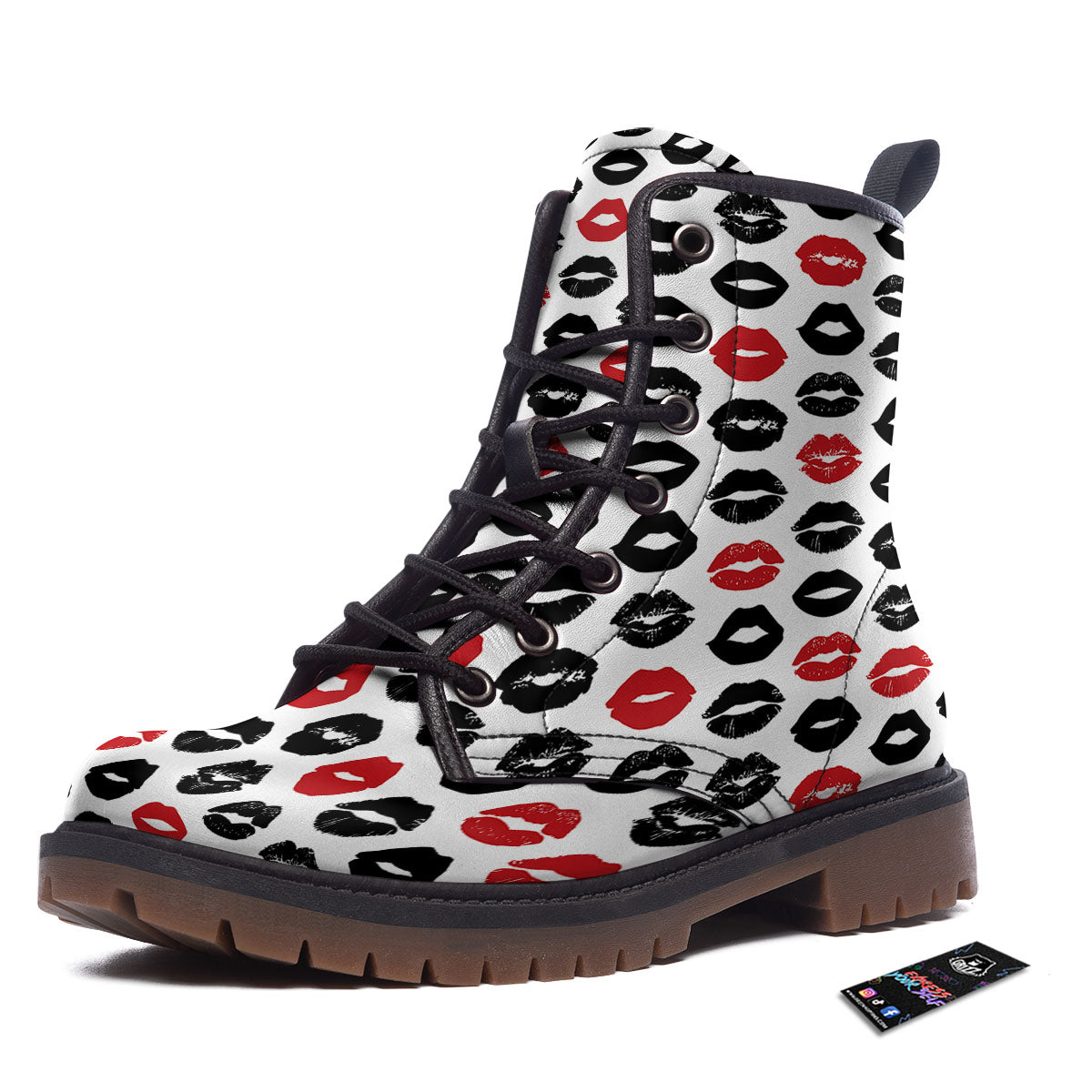 Red And Black Lips Print Pattern Work Boots-grizzshop