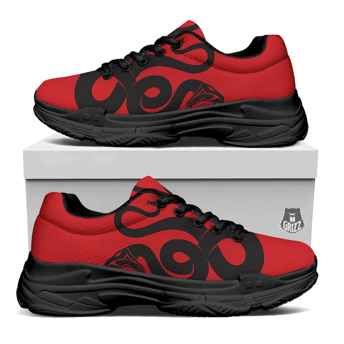 Red And Black Snakes Sign Print Black Chunky Shoes-grizzshop