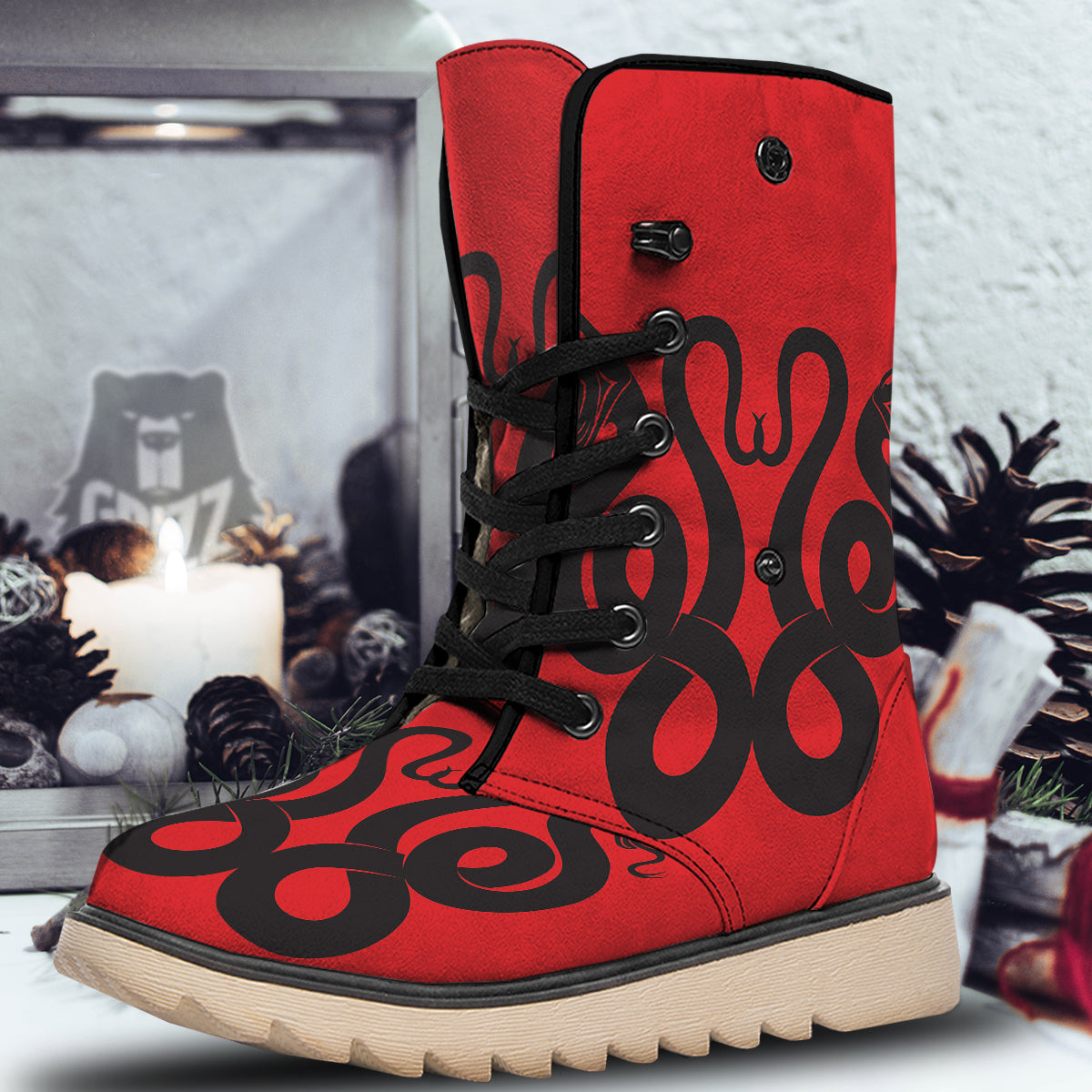 Red And Black Snakes Sign Print Snow Boots-grizzshop