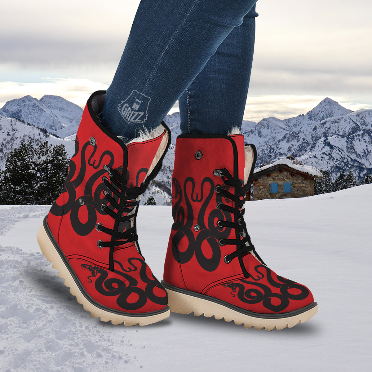 Red And Black Snakes Sign Print Snow Boots-grizzshop