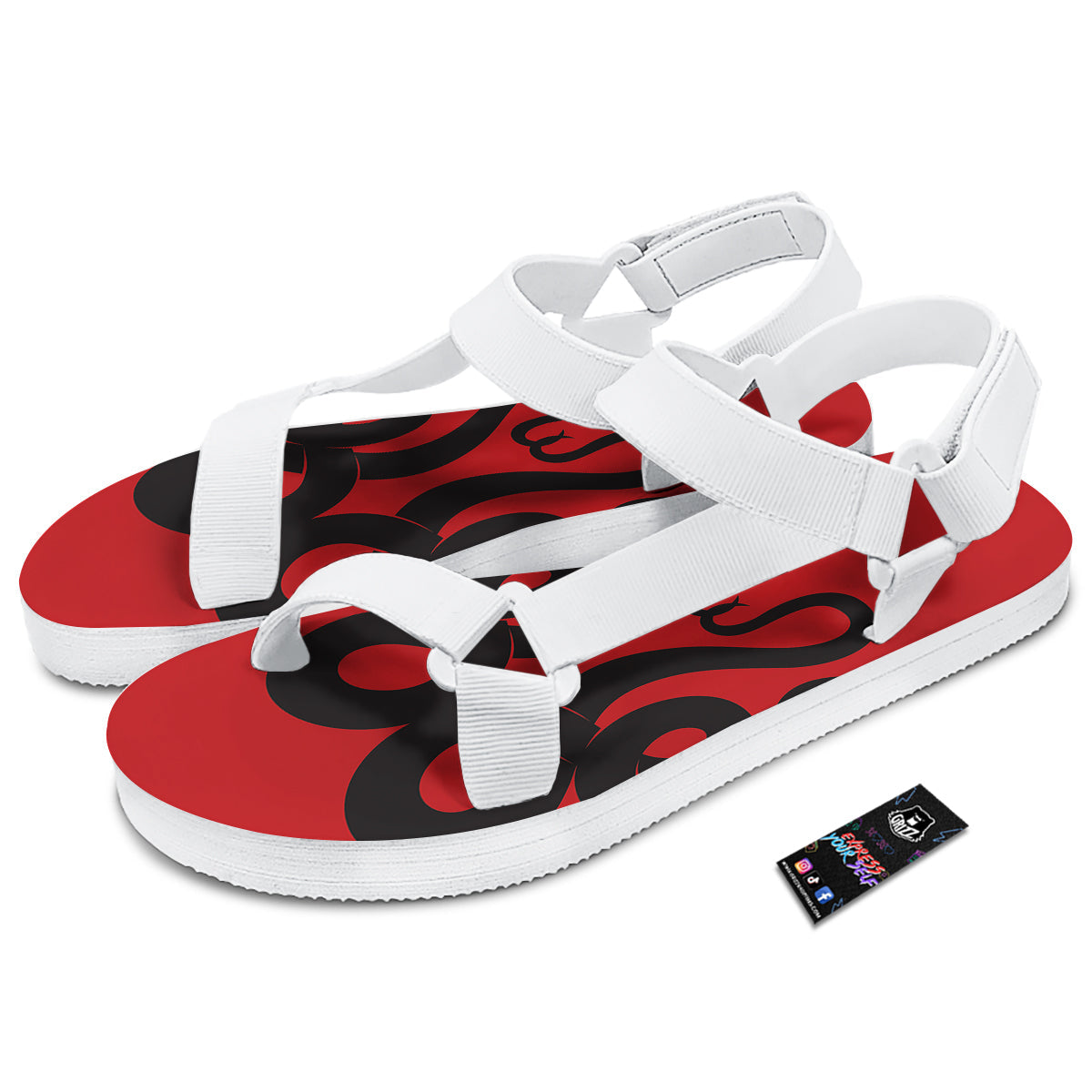 Red And Black Snakes Sign Print White Open Toe Sandals-grizzshop