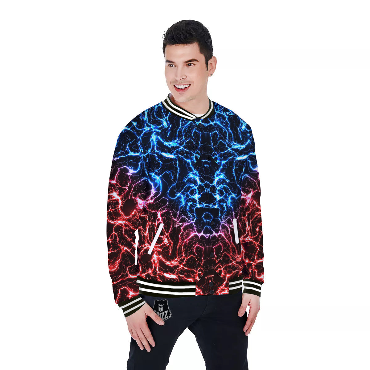Red And Blue Electrical Print Baseball Jacket-grizzshop