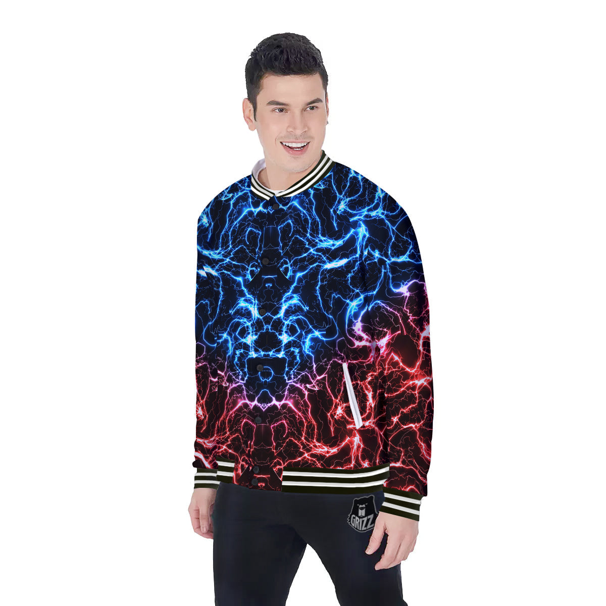 Red And Blue Electrical Print Baseball Jacket-grizzshop