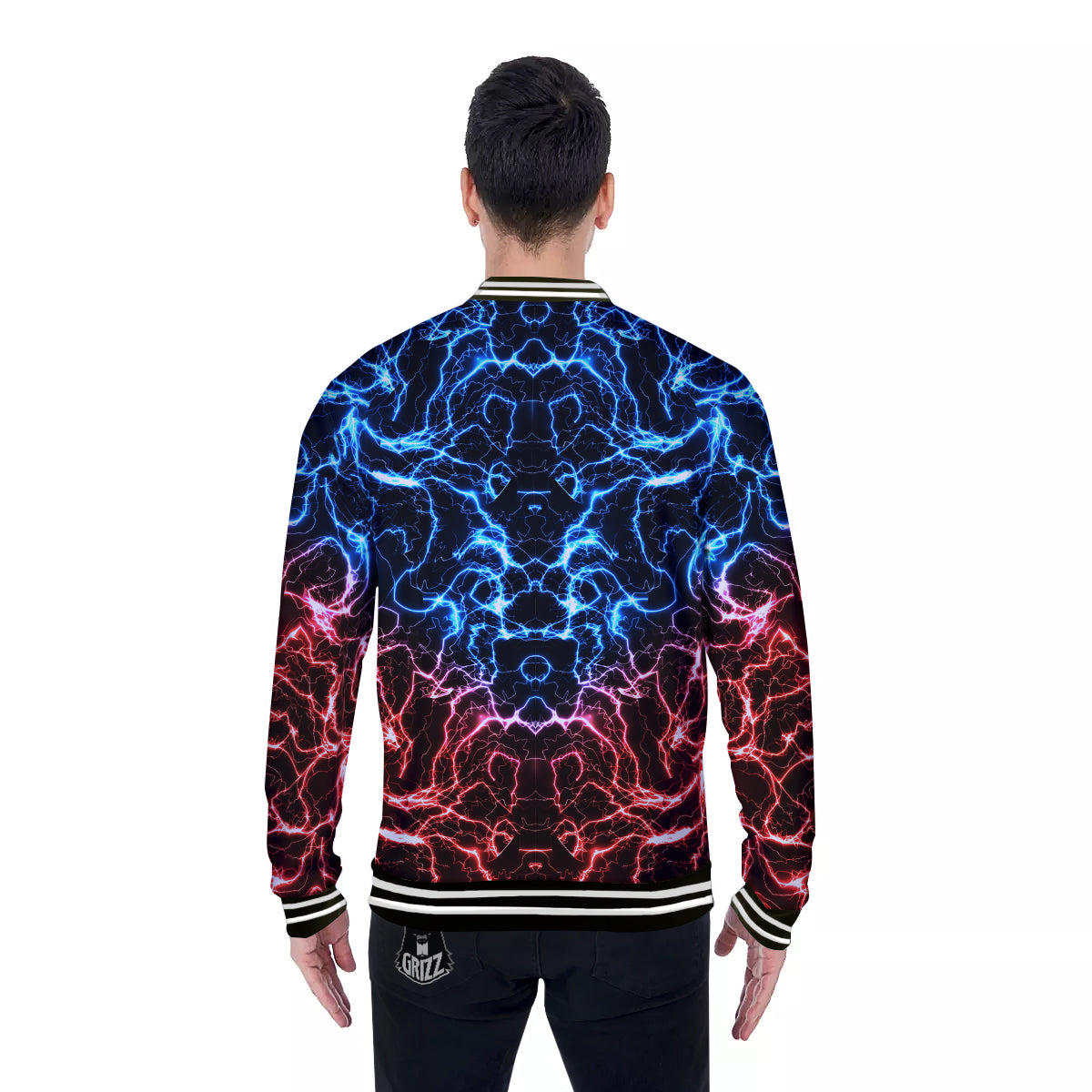 Red And Blue Electrical Print Baseball Jacket-grizzshop