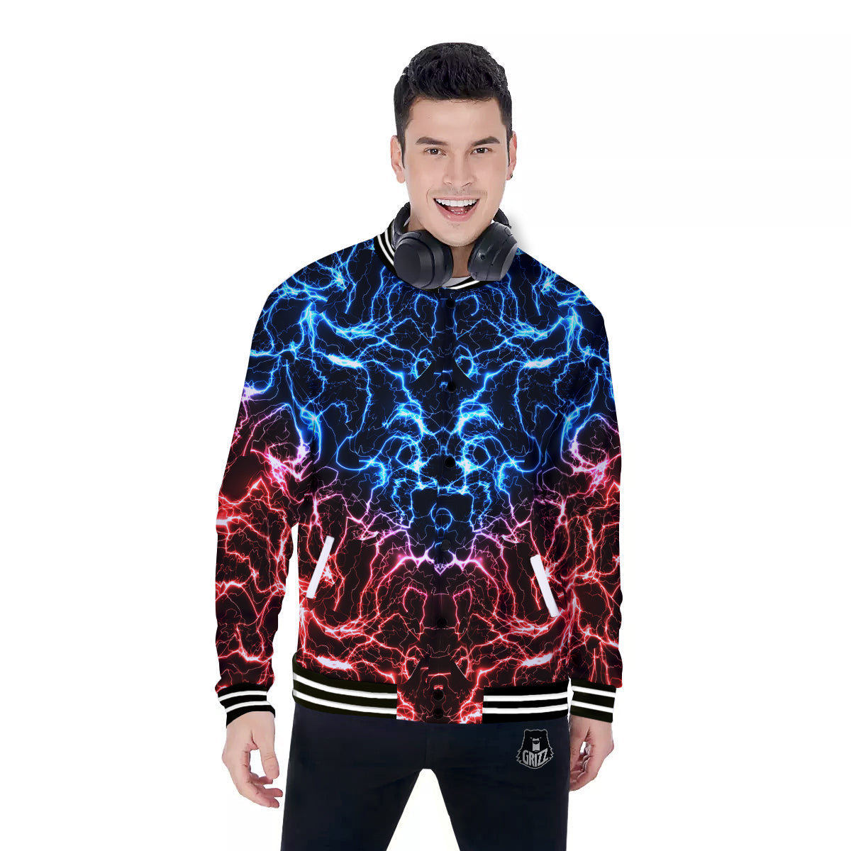 Red And Blue Electrical Print Baseball Jacket-grizzshop