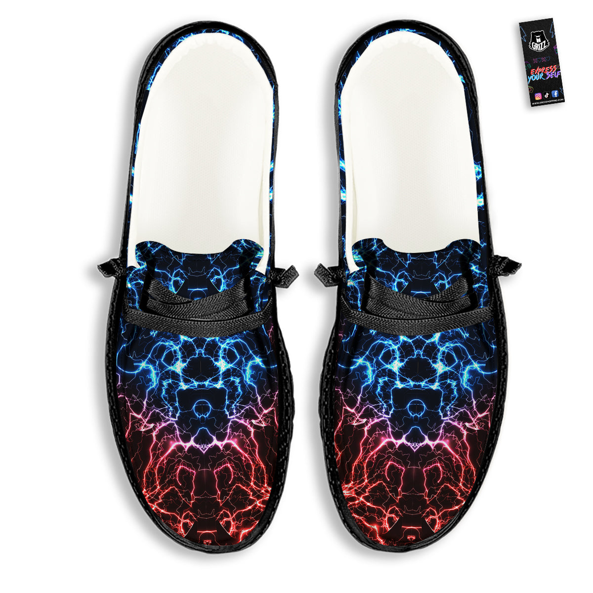 Red And Blue Electrical Print Black Loafers-grizzshop